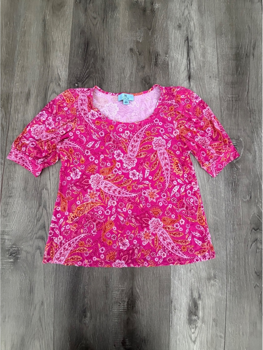 CeCe Women's Paisley-Print Shirred Scoop-Neck 3/4-Sleeve Knit Top Medium
